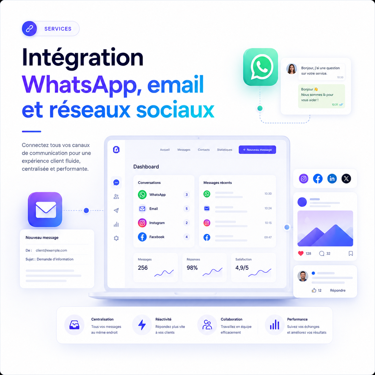 WhatsApp, email and social media integrations